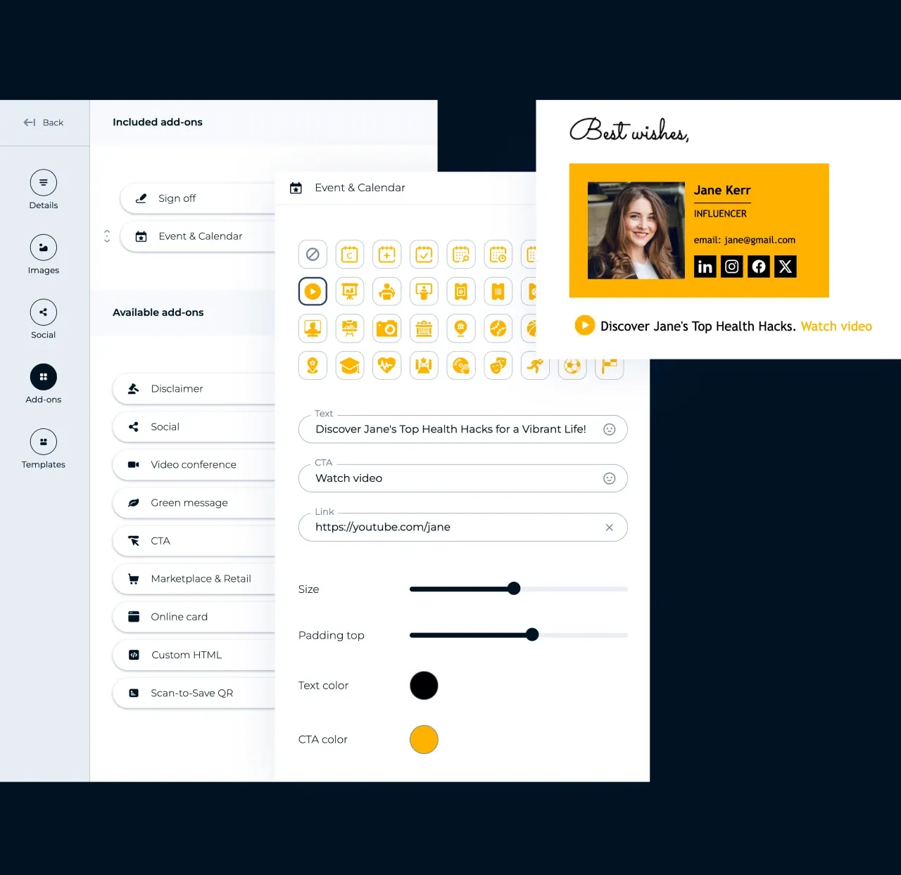 Éditeur MySignature : la liste d'extensions pour signature d'email et une extension Événement et Agenda avec un lien vidéo