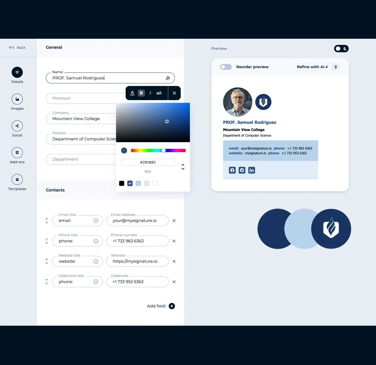 Éditeur MySignature : définissez une couleur personnalisée pour une signature d'email avec le sélecteur de couleur