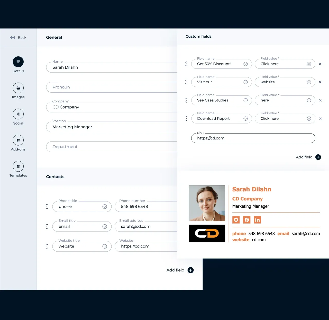 Éditeur MySignature : ajout des champs email, numéro de téléphone, adresse et site web à une signature d'email