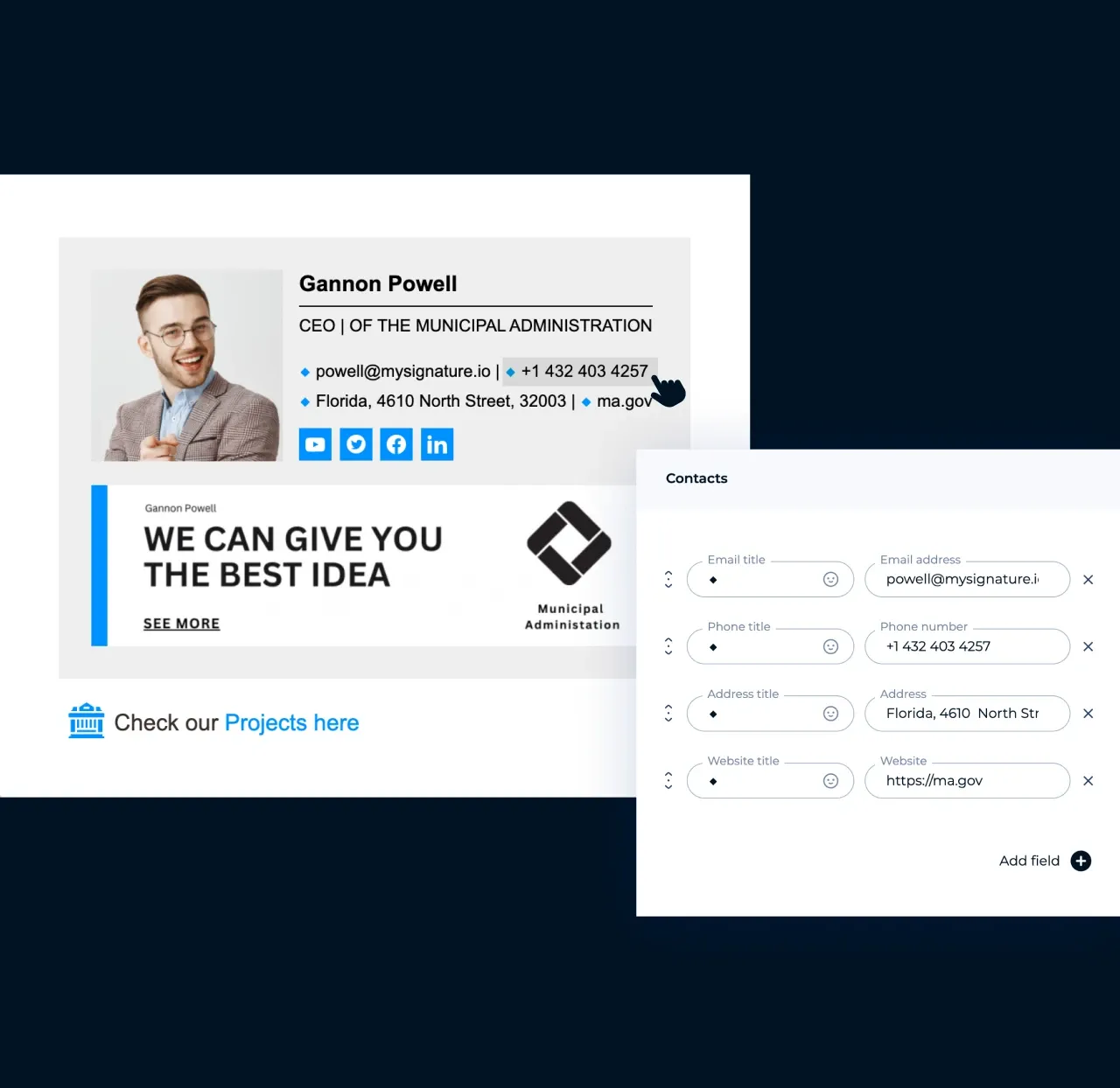 Éditeur MySignature : ajout de champs personnalisés avec des liens cliquables à une signature d'email