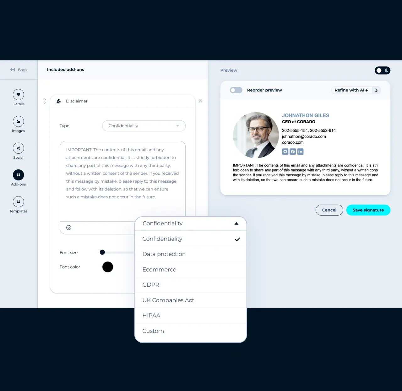 Éditeur MySignature : ajout d'une note de confidentialité depuis des exemples pré-conçus