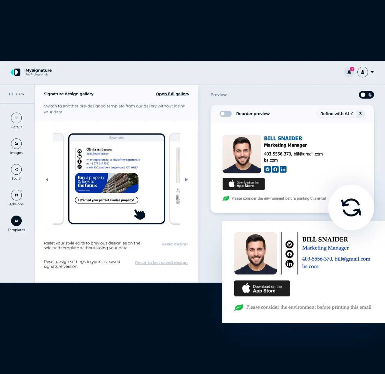 Éditeur MySignature : passez d'un modèle à l'autre dans la galerie de designs de signatures sans perdre vos informations