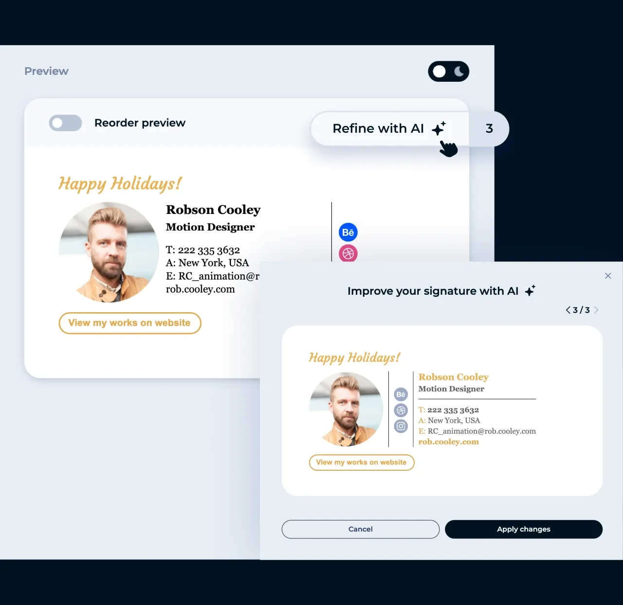 Éditeur MySignature : amélioration du design d'une signature d'email avec "Raffiner avec l'IA"