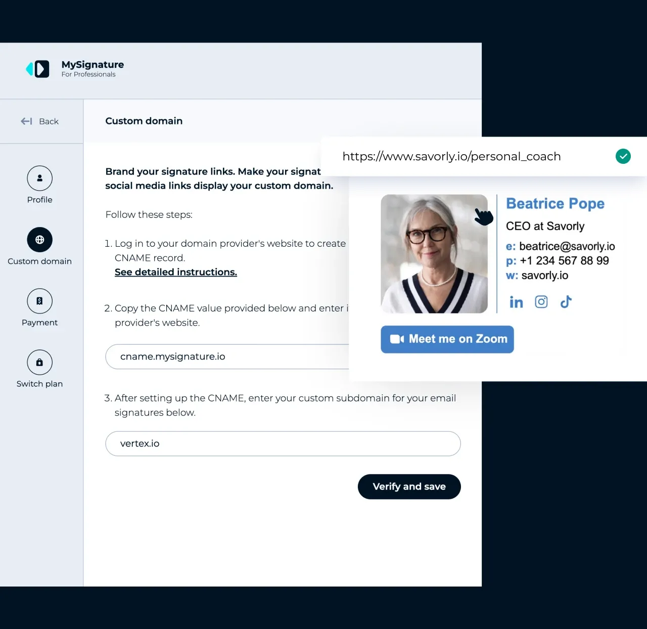 Paramètres MySignature : connexion d'un domaine personnalisé pour les liens de la signature d'email affichent votre propre marque