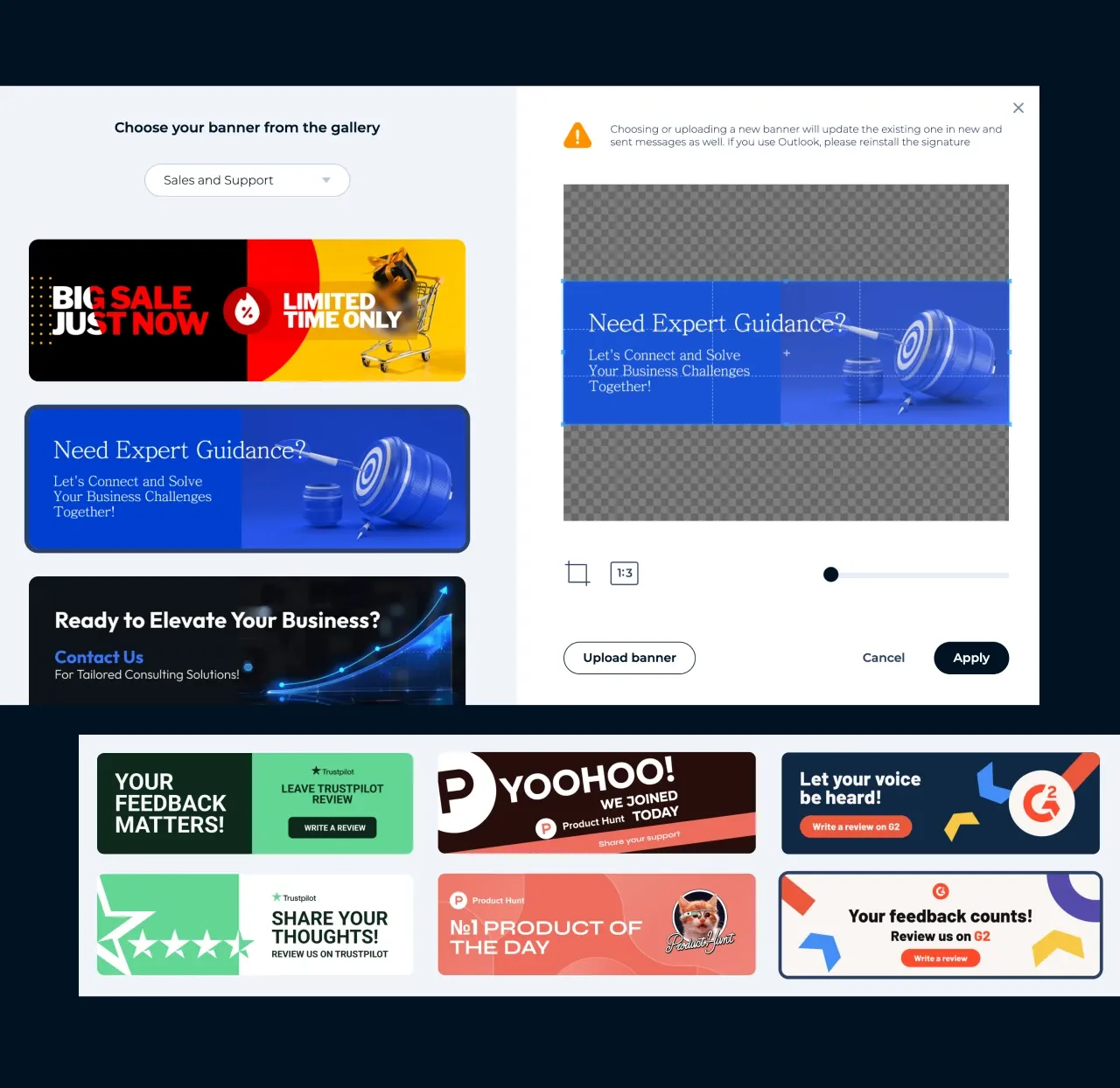 Éditeur MySignature : choix une bannière marketing pré-conçue dans la galerie et rognage pour une signature d'email